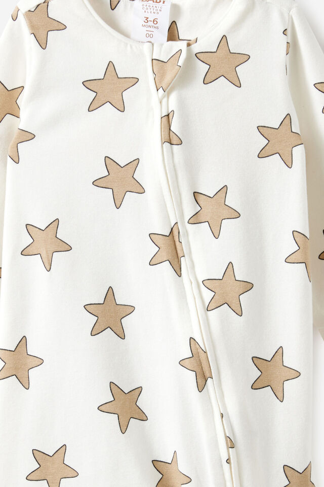 Growie Long Sleeve Zip All In One Romper, VANILLA/TWINKLY STARS