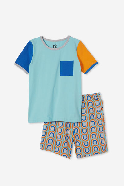 Felipe Short Sleeve Pyjama Set, HEAVEN BLUE/COLOUR BLOCK RAINBOWS
