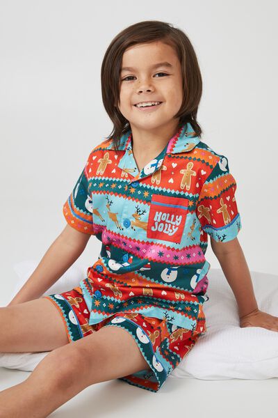 Riley Kids Unisex Short Sleeve Pyjama Set, MULTI/SNOWY FAIRISLE