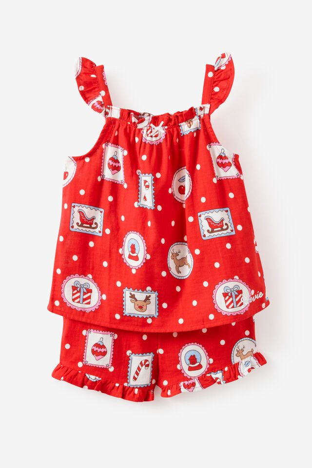 Adults Babydoll Family Xmas Pj Set Personalised, VARSITY RED/RUDOLPH SPOT