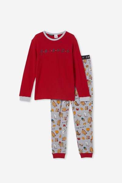 Taylor Adults Unisex Long Sleeve Pyjama Set Licensed, LCN WB FRIENDS JESTER RED/HAPPY FRIENDSGIVING