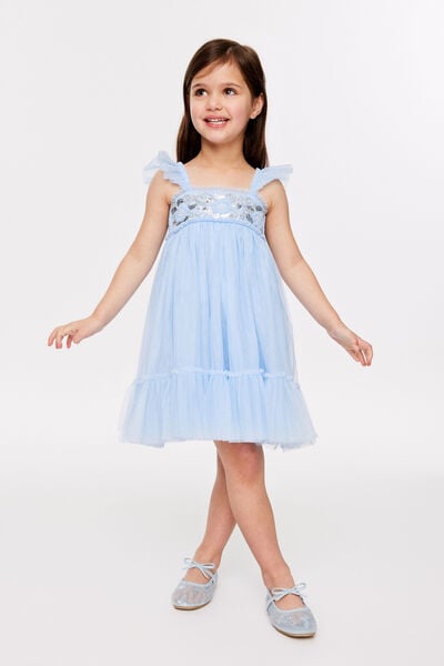 Floral Flutter Sleeve Dress Up Dress, CLOUD BLUE