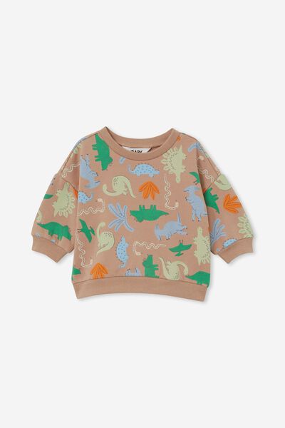 Alma Drop Shoulder Sweater, TAUPY BROWN/DINOSAURS
