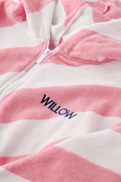 Kids Zip Thru Hooded Towel - Personalised, POP RED/BALLET PINK DIAGONAL STRIPE