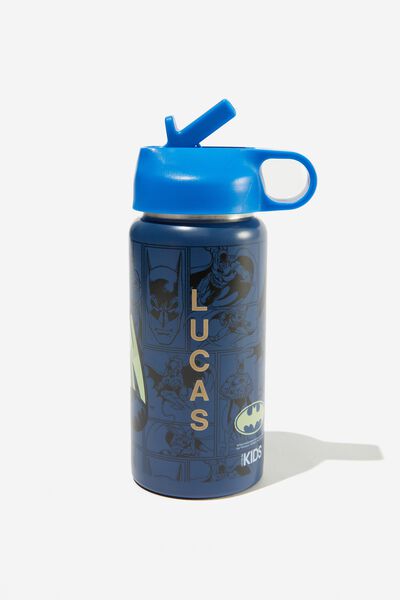 Personalised Kids Metal Drink Bottle, LCN WB BATMAN/RETRO BLUE LID