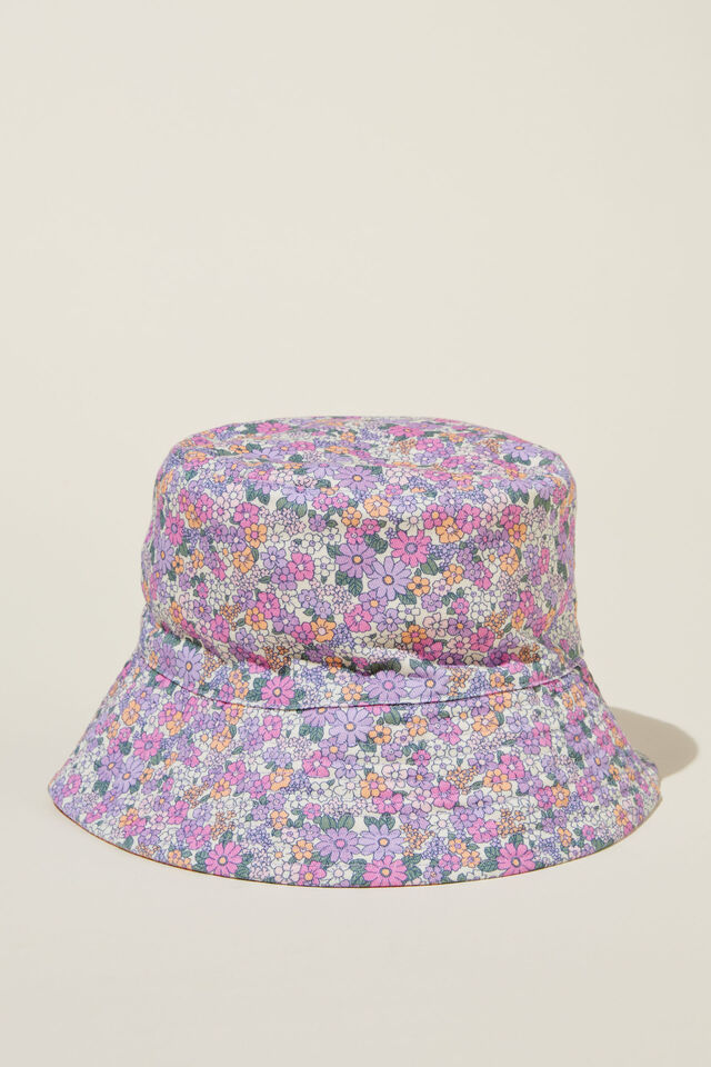 Kids Reversible Bucket Hat, CLAIRE DITSY PINK GERBERA/TROPICAL ORANGE