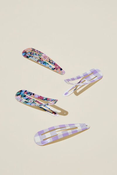 4 Pk Snap Clips, QUINN FLORAL/LILAC GINGHAM