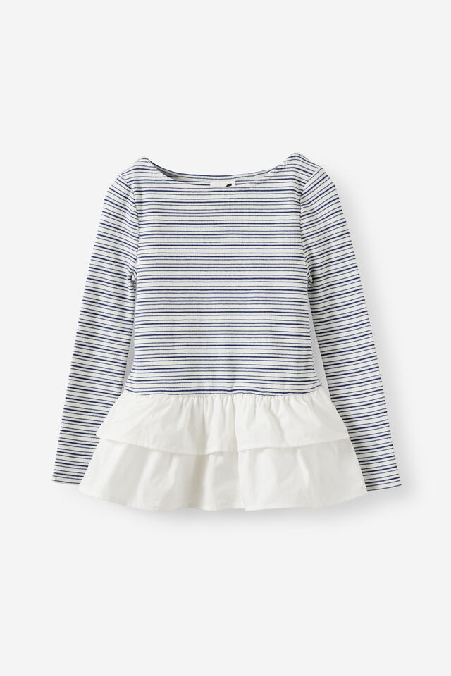 Lily Long Sleeve Tiered Top, VANILLA/DENIM NAVY STRIPE
