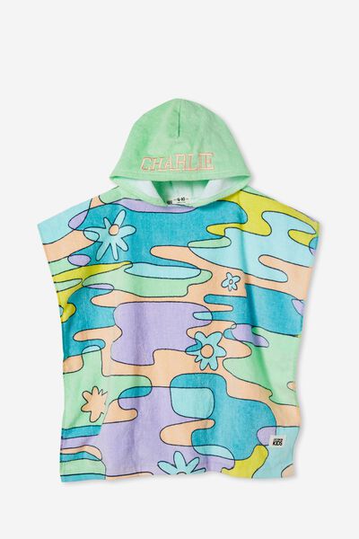 Personalised Kids Hooded Towel, WASHED SPEARMINT/RAINBOW WATER PUDDLES