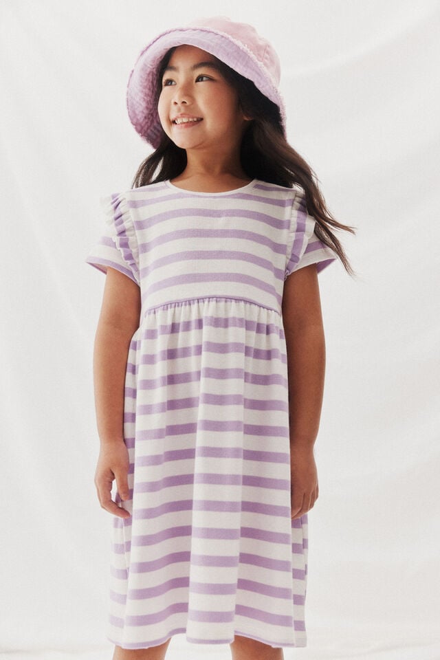 Indie Ruffle Short Sleeve Dress, LILAC DROP STRIPE