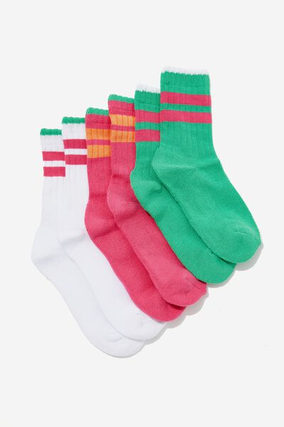 Kids 3Pk Mid Calf Socks, RASPBERRY PINK/WHITE/GREEN SPLASH
