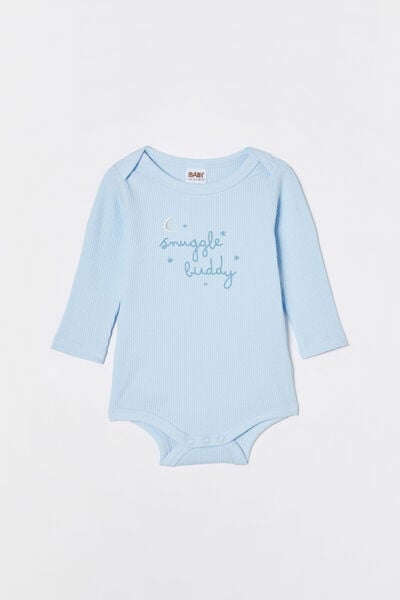 Macacão - Organic Newborn Pointelle Long Sleeve Bubbysuit, WHITE WATER BLUE/SNUGGLE BUDDY