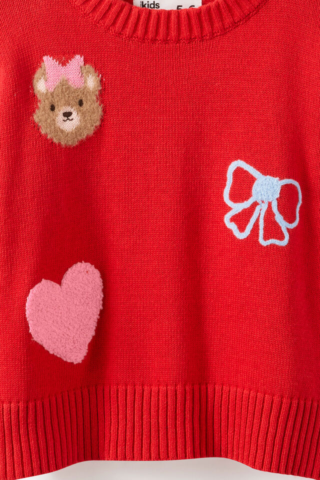 Soft Light Weight Knit Sweater, VARSITY RED/BEAR PLACEMENT