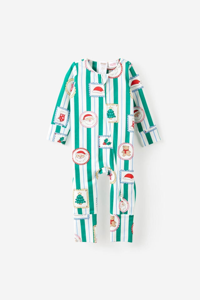 Growie Long Sleeve Zip Romper, ENGLISH IVY/SANTA STAMP