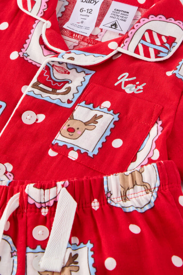 Baby Woven Family Xmas Pj Set Personalised, VARSITY RED/RUDOLPH SPOT