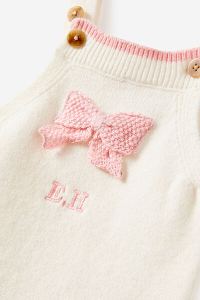Personlisation Organic Blend Knit Bubbysuit, MILK/CROCHET BOW