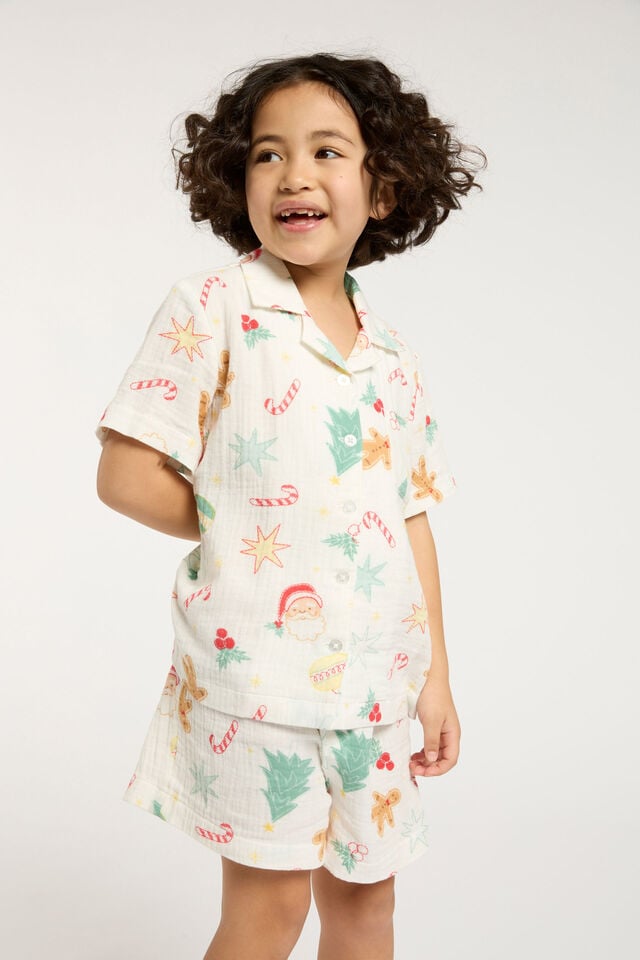 Riley Kids Unisex Short Sleeve Pyjama Set, VANILLA/CHRISTMAS MOTIFS