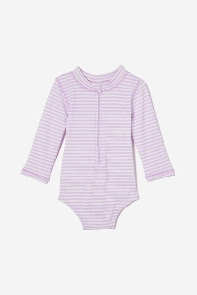 Maiô - Lucy Long Sleeve Ruffle Back Swimsuit, LILAC DROP/VANILLA STRIPE