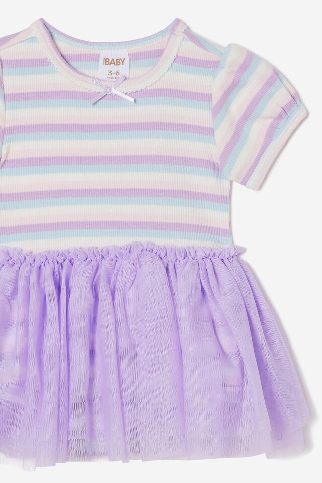 Violet Puff Sleeve Tulle Dress, VINTAGE LILAC/RAINBOW STRIPE