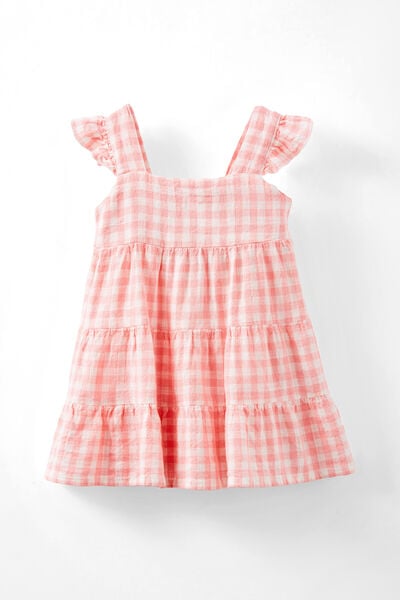 Annie Woven Ruffle Sleeve Tiered Dress, CORAL DREAMS/GINGHAM