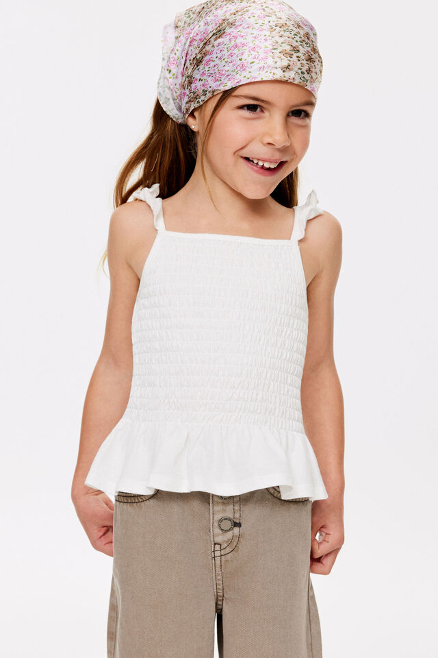 Shirred Tank Top, VANILLA/BALLET PINK FLOWER EMB