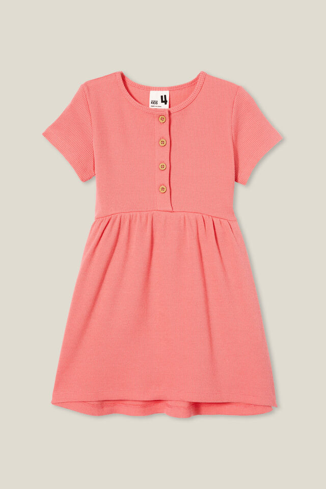 Sally Button Front Short Sleeve Dress, ORANGE CORAL WAFFLE