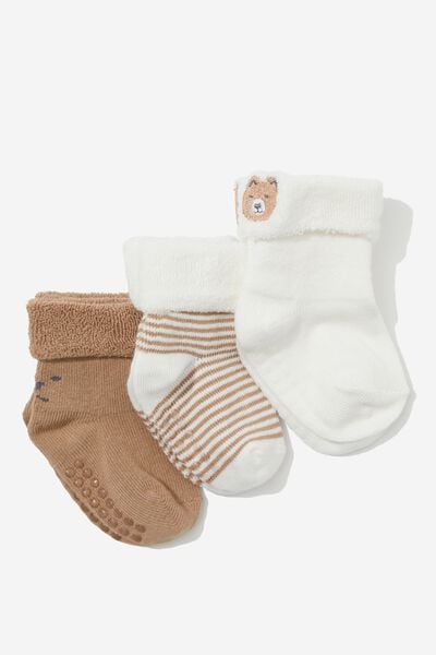 3Pk Terry Baby Socks, TAUPY BROWN
