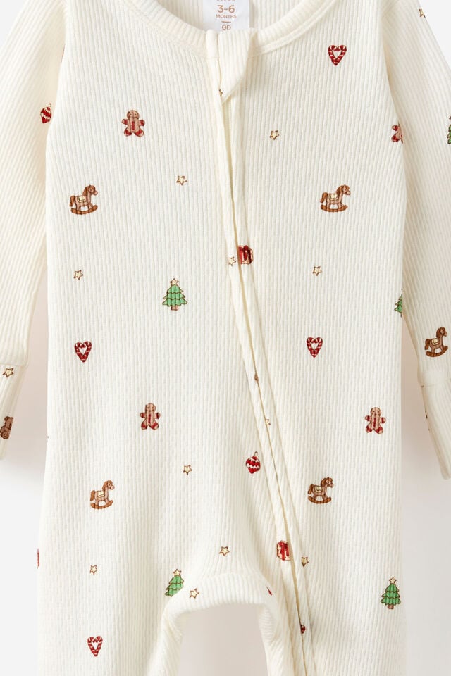 Littlie Organic Long Sleeve Zip All In One Romper, MILK/CHRISTMAS ICONS