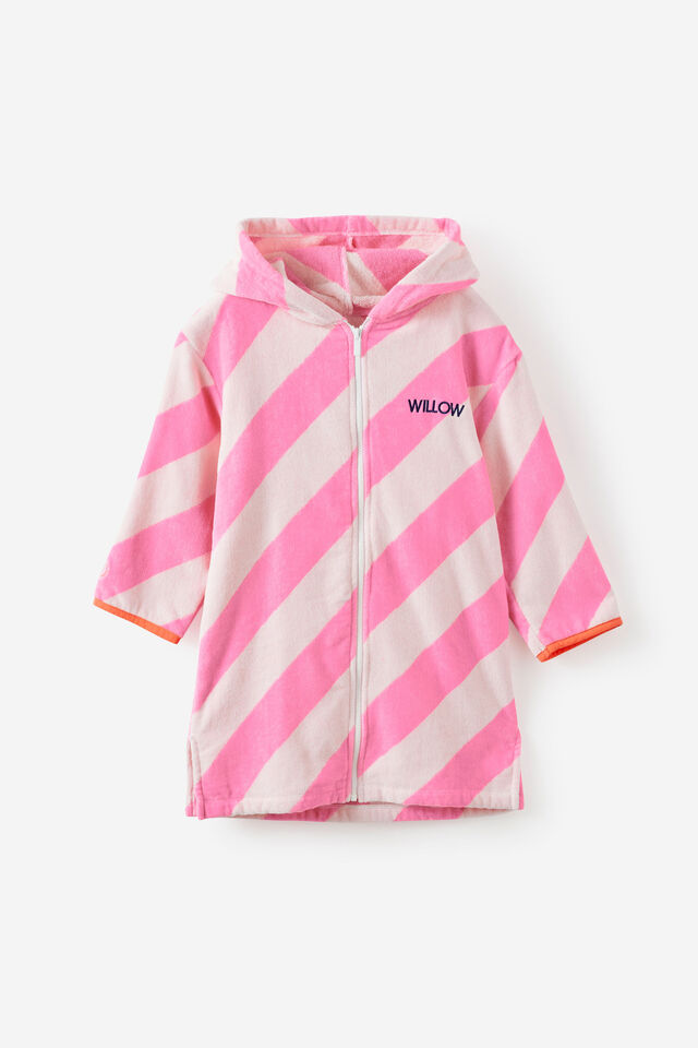 Kids Zip Thru Hooded Towel - Personalised, STRAWBERRY MILK/WHITE DIAGONAL STRIPE