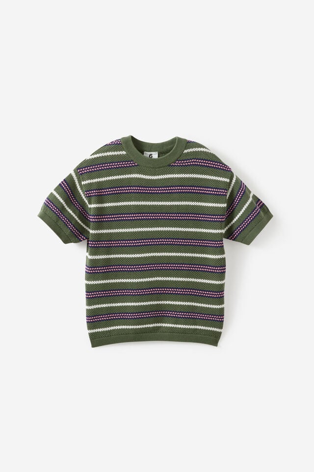 Oversized Knit Tshirt, KHAKI GREEN/SUNKISSED STRIPE