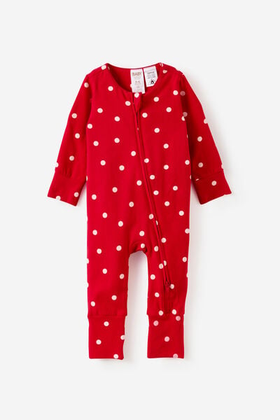 Growie Long Sleeve Zip All In One Romper, VARSITY RED/POLKA DOT