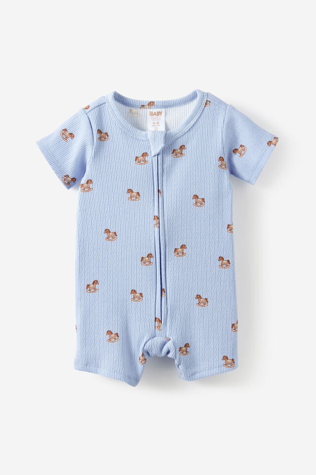 Littlie Organic Short Sleeve Zip Romper, BLUEBELL/ROCKING HORSE