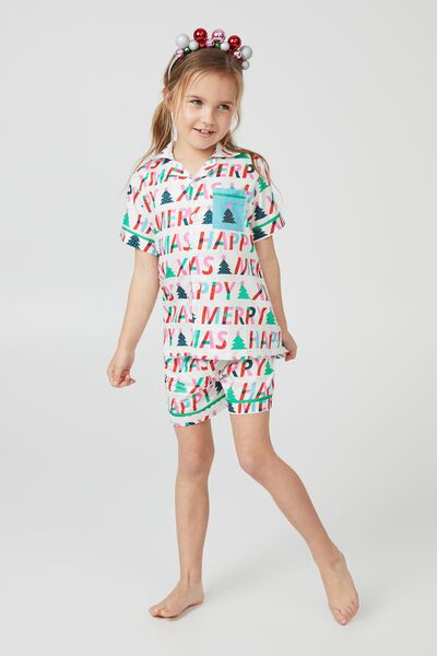 Riley Kids Unisex Short Sleeve Pyjama Set, VANILLA/MERRY XMAS