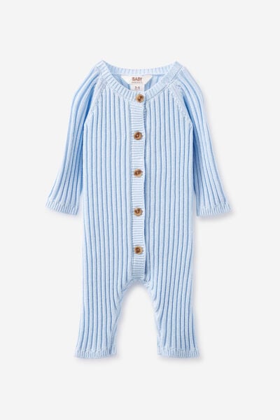 Organic Knit Long Sleeve Romper, WHITE WATER BLUE