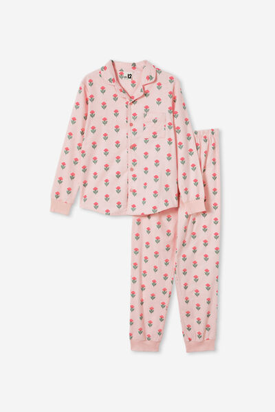 Angeline Long Sleeve Pyjama Set, CRYSTAL PINK/SPLICED FLORAL WOOD STAMP