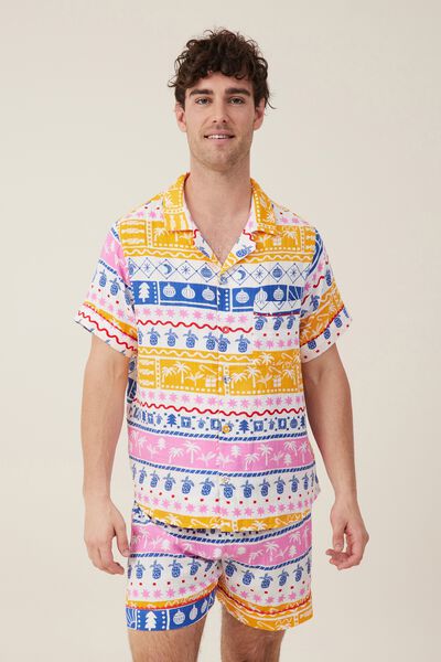 Carter Adults Unisex Short Sleeve Pyjama Set, VANILLA/TROPICAL FAIRISLE