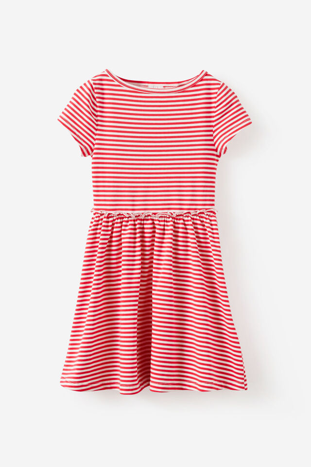 Boat Neck Frill Short Sleeve Dress, VARSITY RED/STRIPE