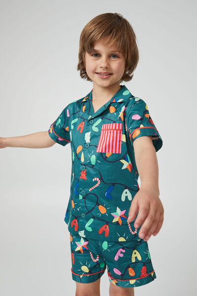 Pijama - Riley Kids Unisex Short Sleeve Pyjama Set, PINE TREE GREEN/FALALA XMAS LIGHTS