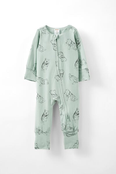 The Billie Long Sleeve Zip Romper License, LCN DIS STONE GREEN/SKETCHY WINNIE THE POOH