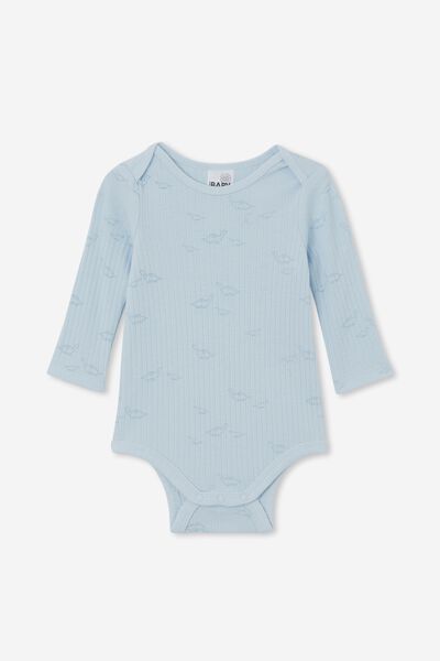 Organic Newborn Long Sleeve Bubbysuit, FROSTY BLUE/BABY DINO
