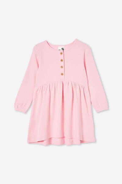 Sally Button Front Long Sleeve Dress, BLUSH PINK WAFFLE