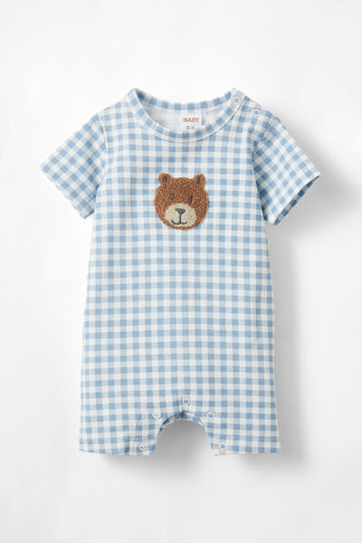 The Short Sleeve Romper, DUSTY BLUE/GINGHAM BEAR