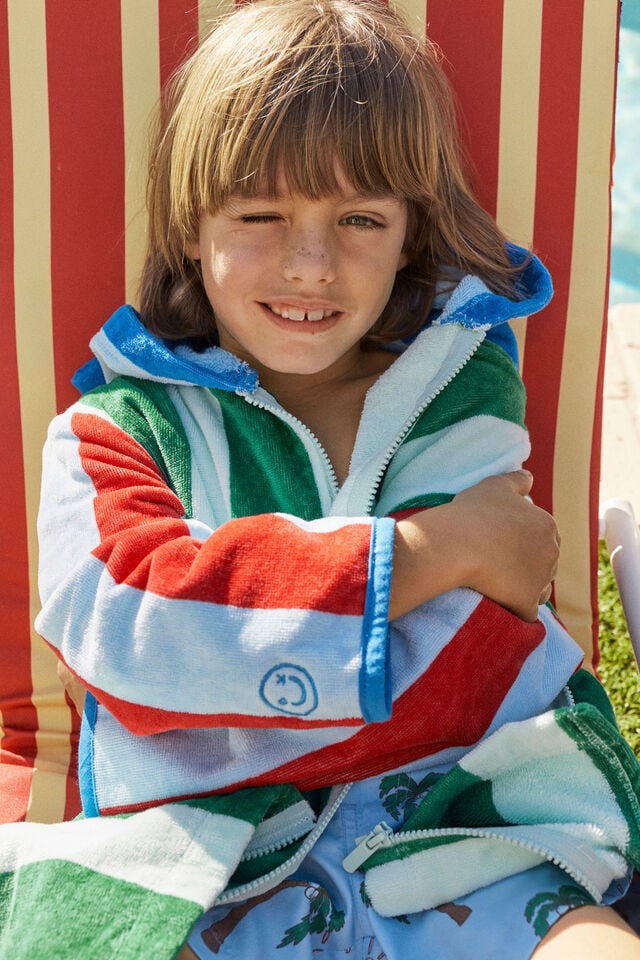 Kids Zip Thru Hooded Towel, SEAGLASS/CONTRAST STRIPES