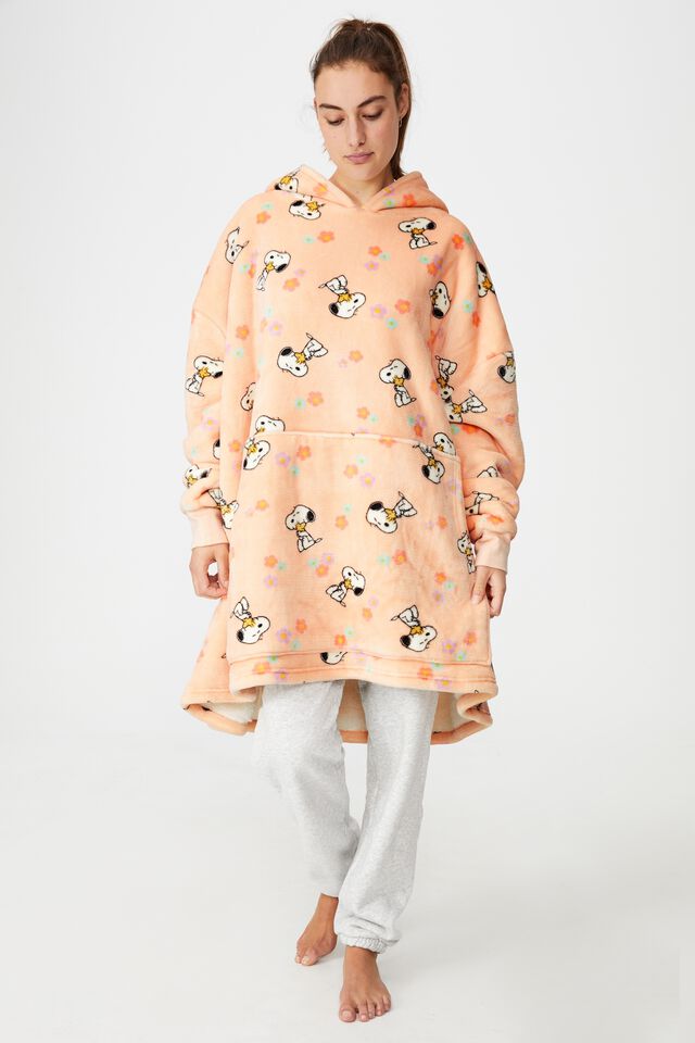 Snoopy Snugget Adults Oversized Hoodie, LCN PEANUTS SNOOPY FLOWERS PEACH TANG