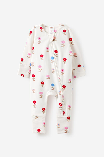 Growie Long Sleeve Zip All In One Romper, VANILLA/SWEET BLOOMS