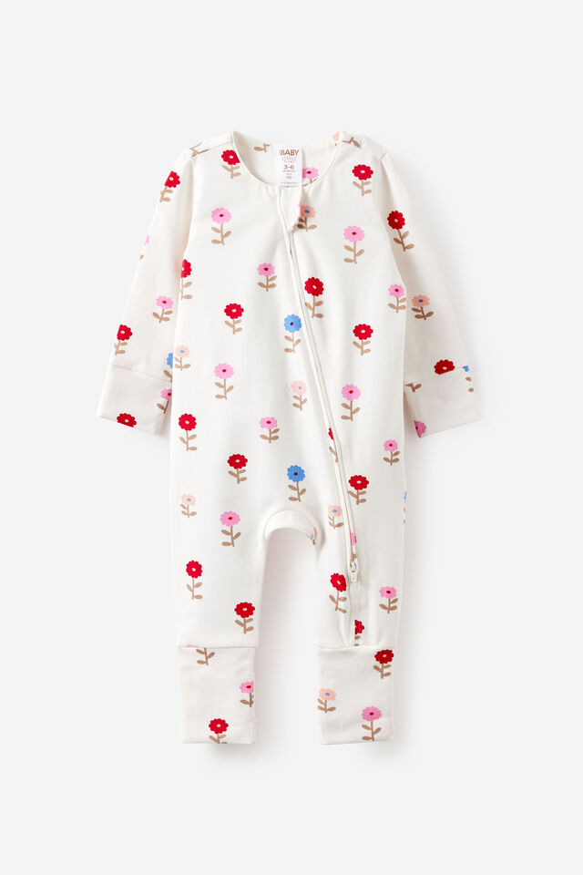 Growie Long Sleeve Zip All In One Romper, VANILLA/SWEET BLOOMS