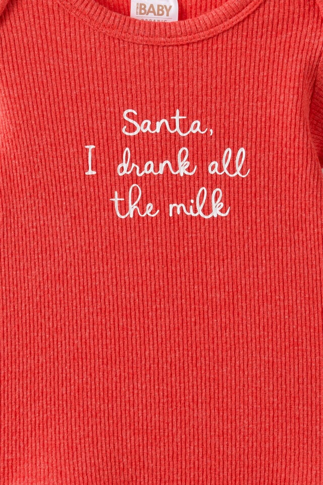 Organic Pointelle Short Sleeve Bubbysuit, VARSITY RED MARLE/SANTA I DRANK ALL THE MILK