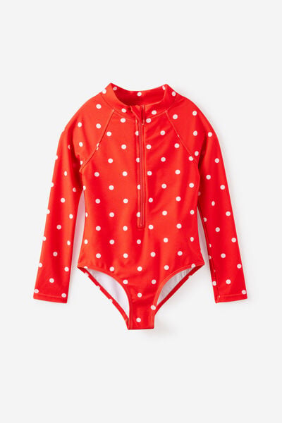 Long Sleeve One Piece Swimsuit, POP RED/BALLET PINK POLKADOT