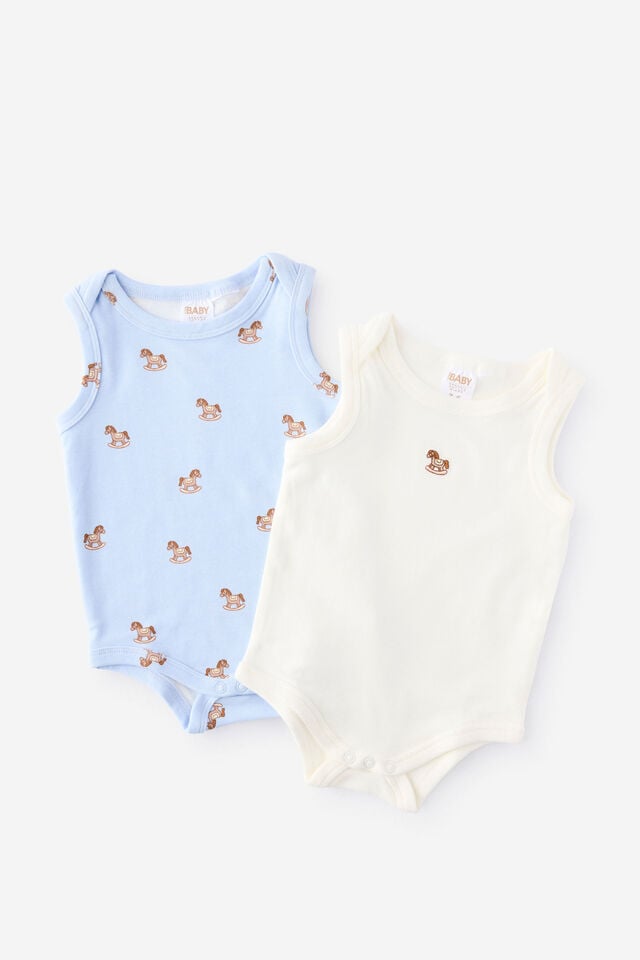 Organic 2Pk Singlet Bubbysuit, BLUEBELL/ROCKING HORSE