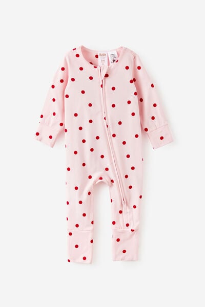 Growie Long Sleeve Zip Romper, TEA PARTY PINK/POLKA DOT